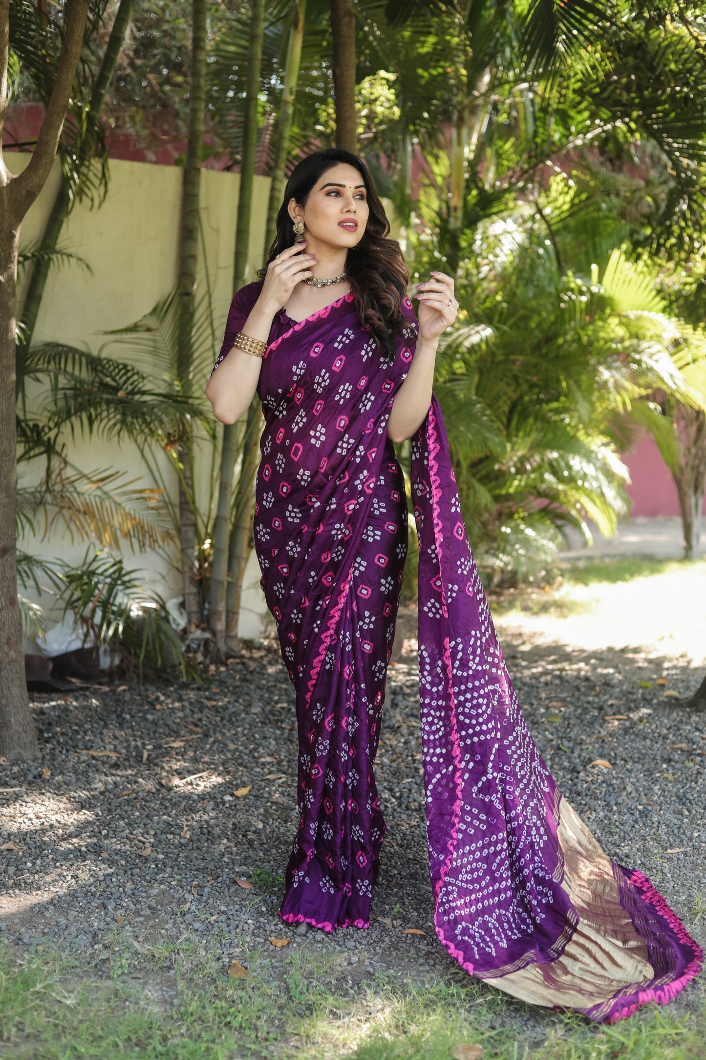 Luxuriant Bandhej Purple Color Silk Saree