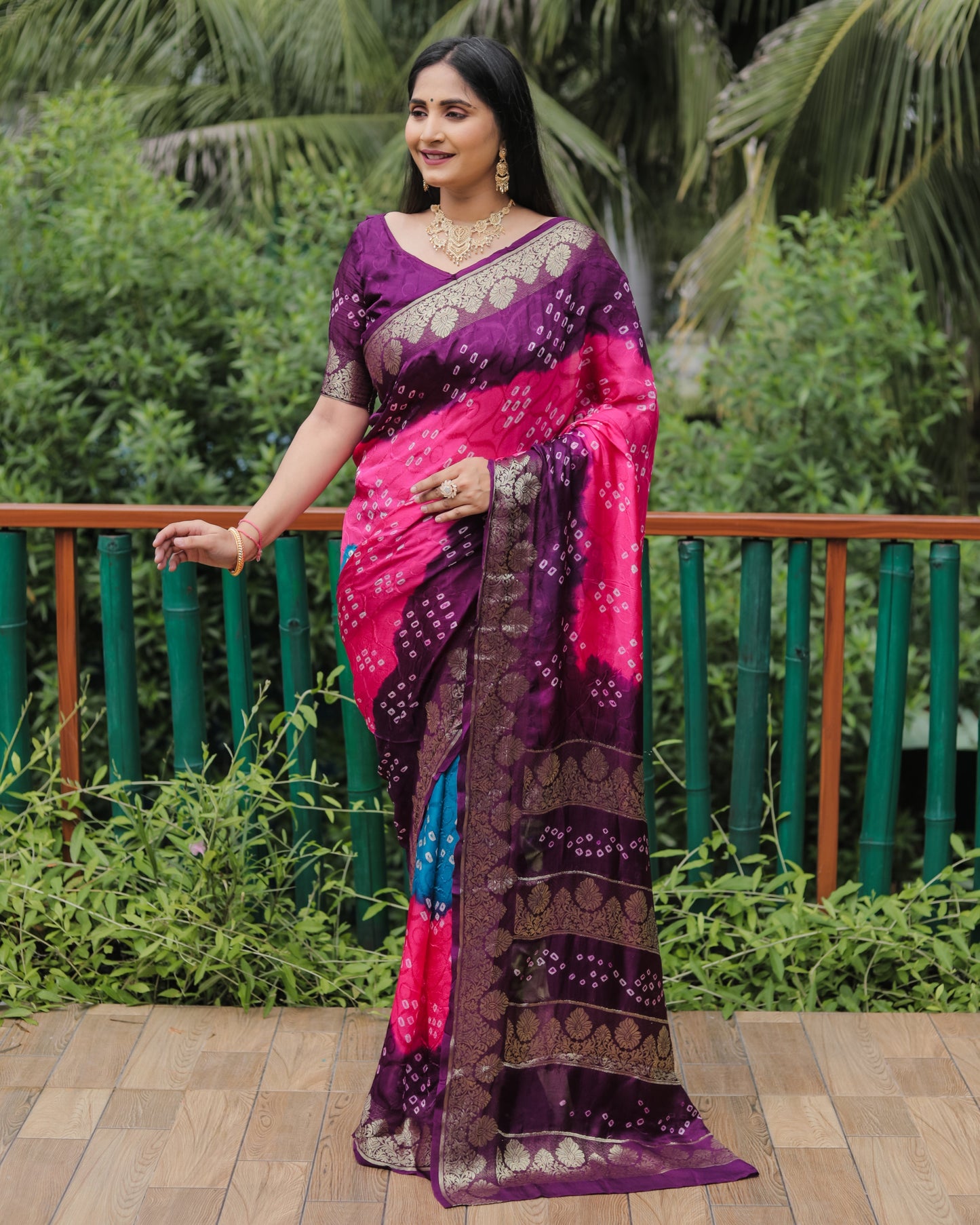 Outstanding Bandhej Pink Color Silk Saree