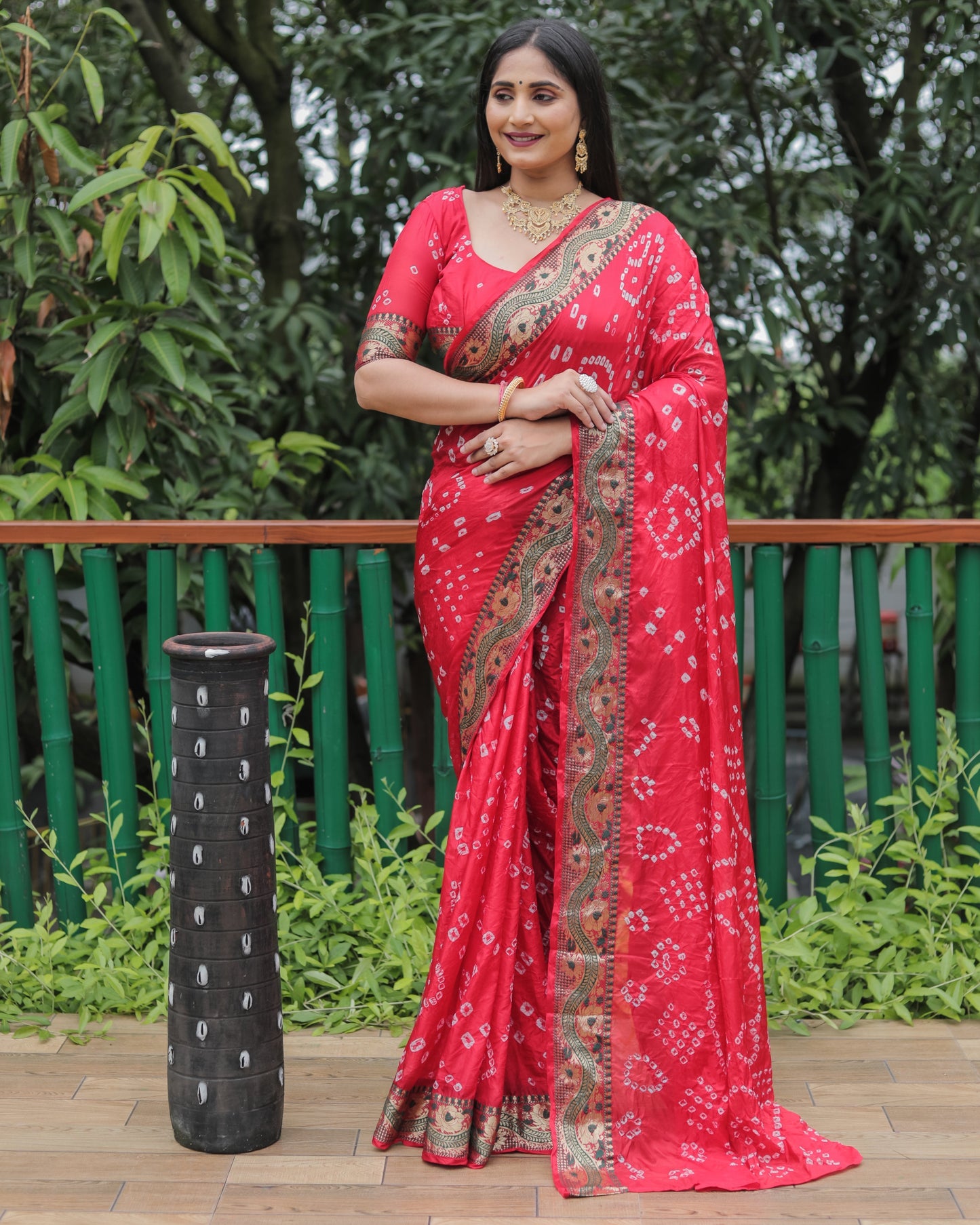 Trendy Bandhej Red Color Soft Silk Saree