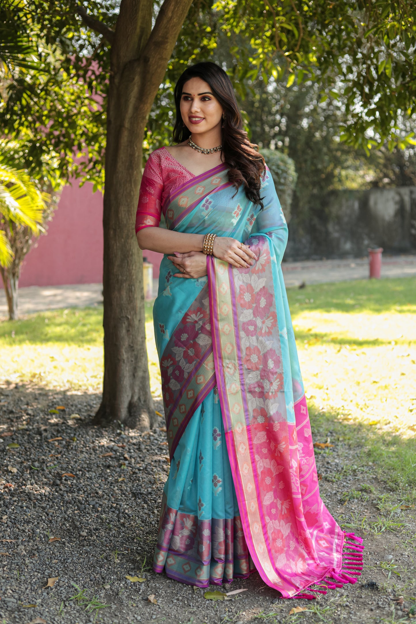 Trendy Organza Sky Blue Color Silk Sarees