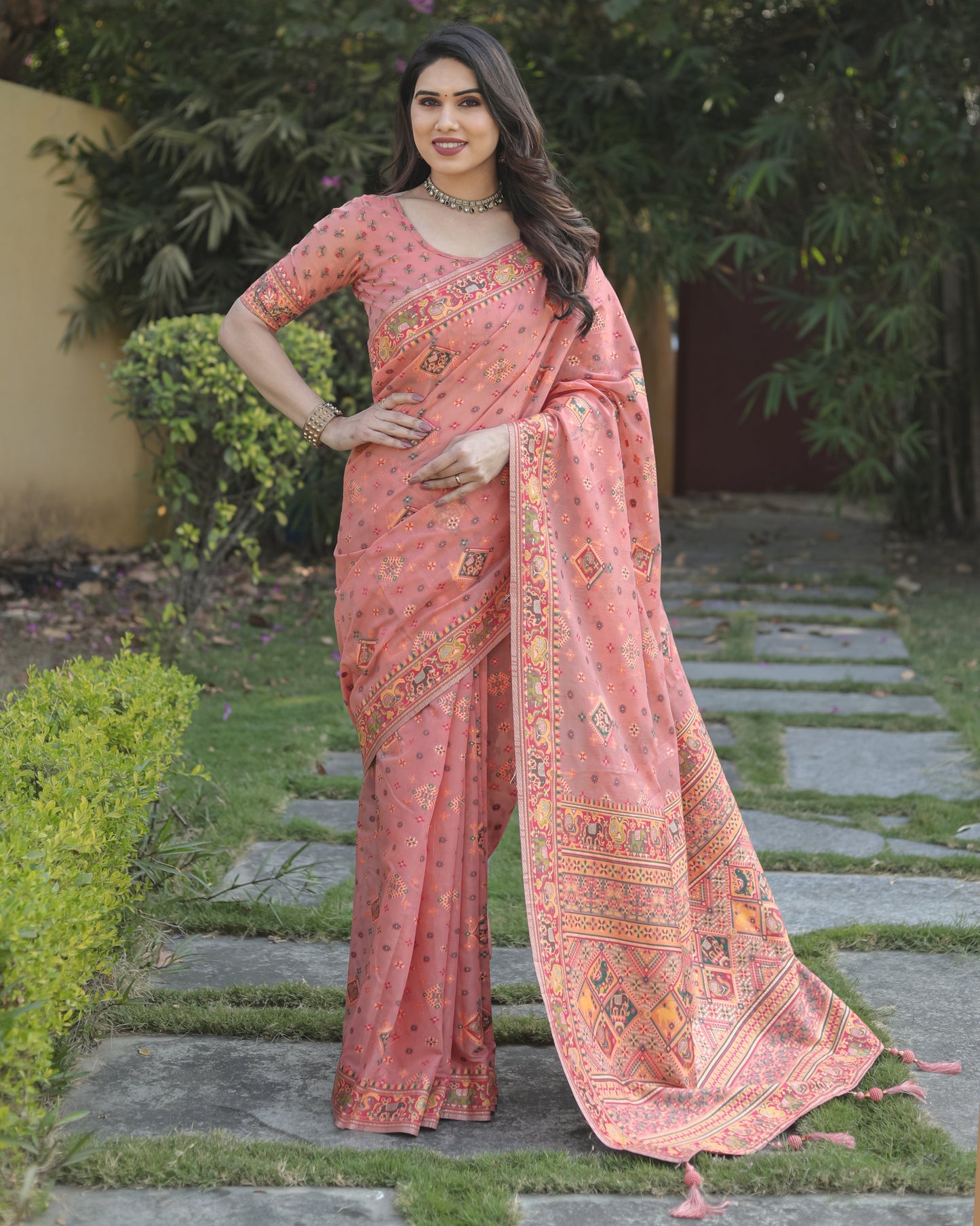 Designer Patola Print Work Soft Cotton Pink Color Women Saree