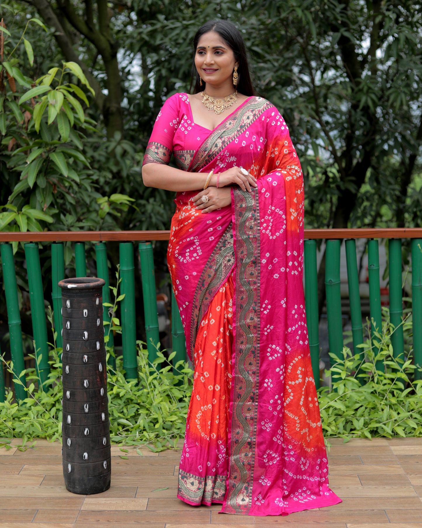 Imposing Bandhej Orange Color Soft Silk Saree