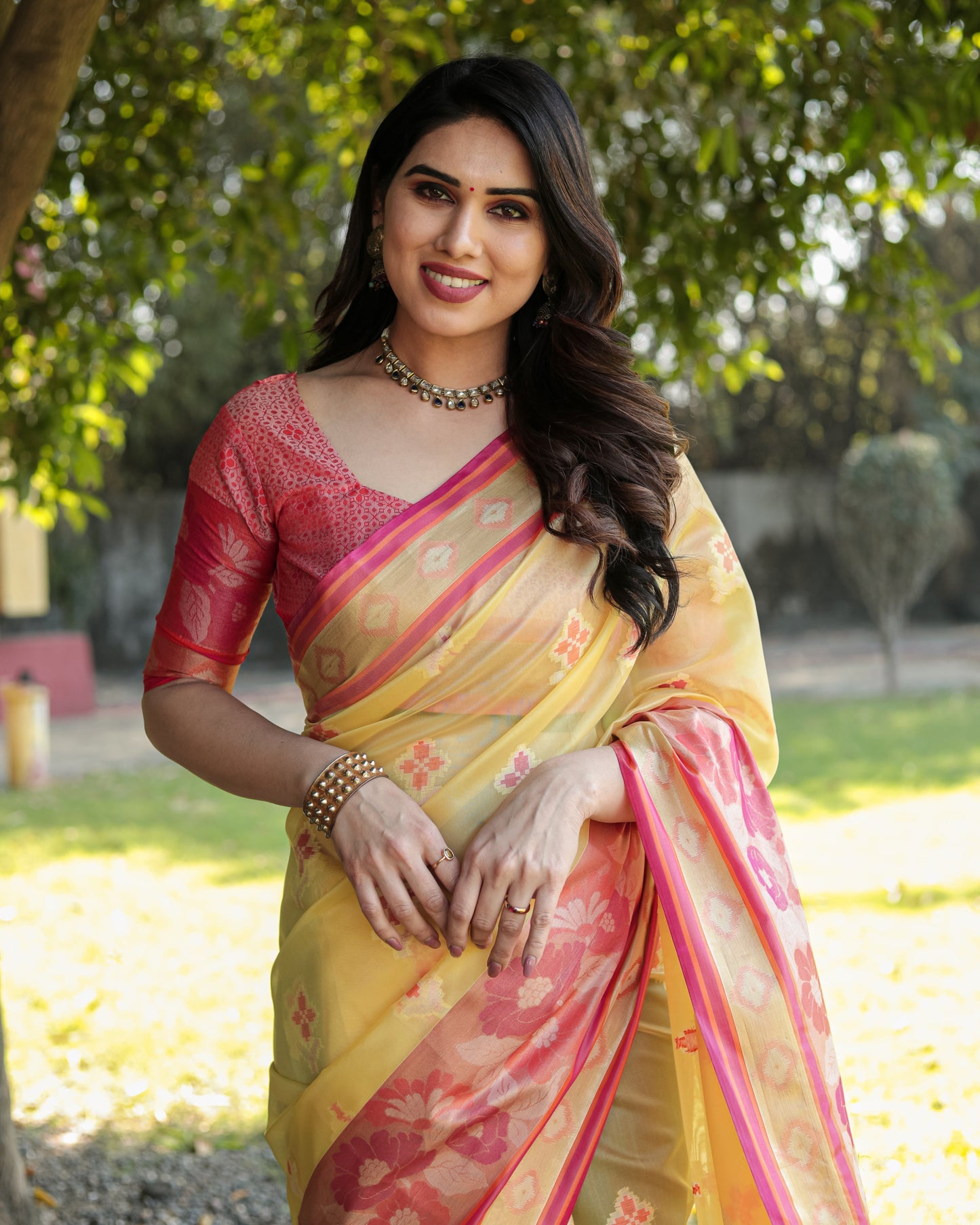 Trendy Organza Yellow Color Silk Sarees