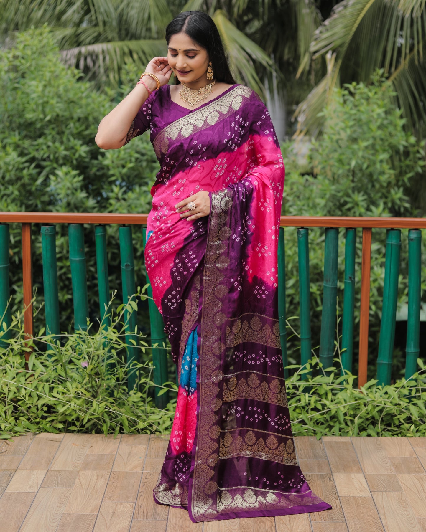 Outstanding Bandhej Pink Color Silk Saree