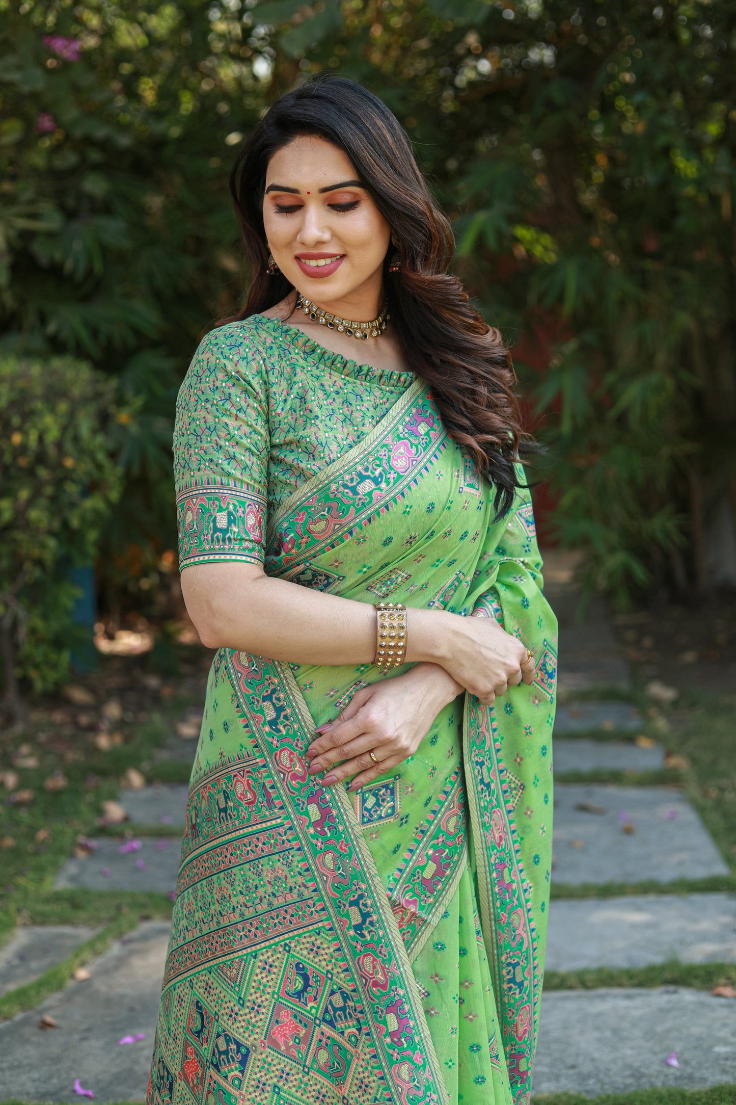 Designer Patola Print Work Soft Cotton Green Color Women Saree