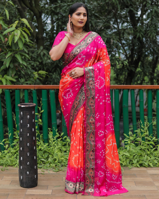 Imposing Bandhej Orange Color Soft Silk Saree