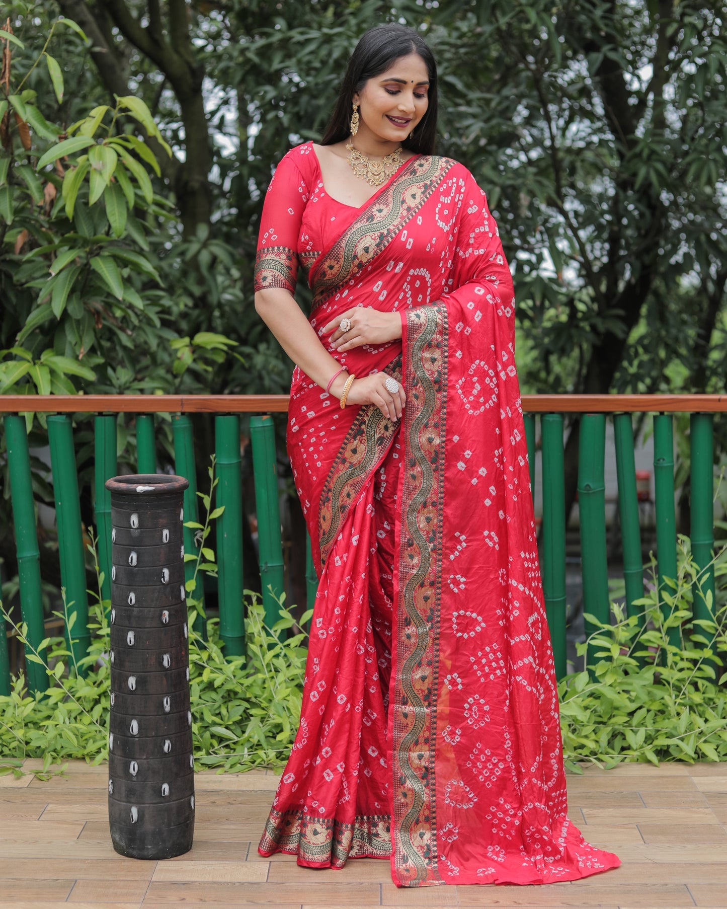 Trendy Bandhej Red Color Soft Silk Saree