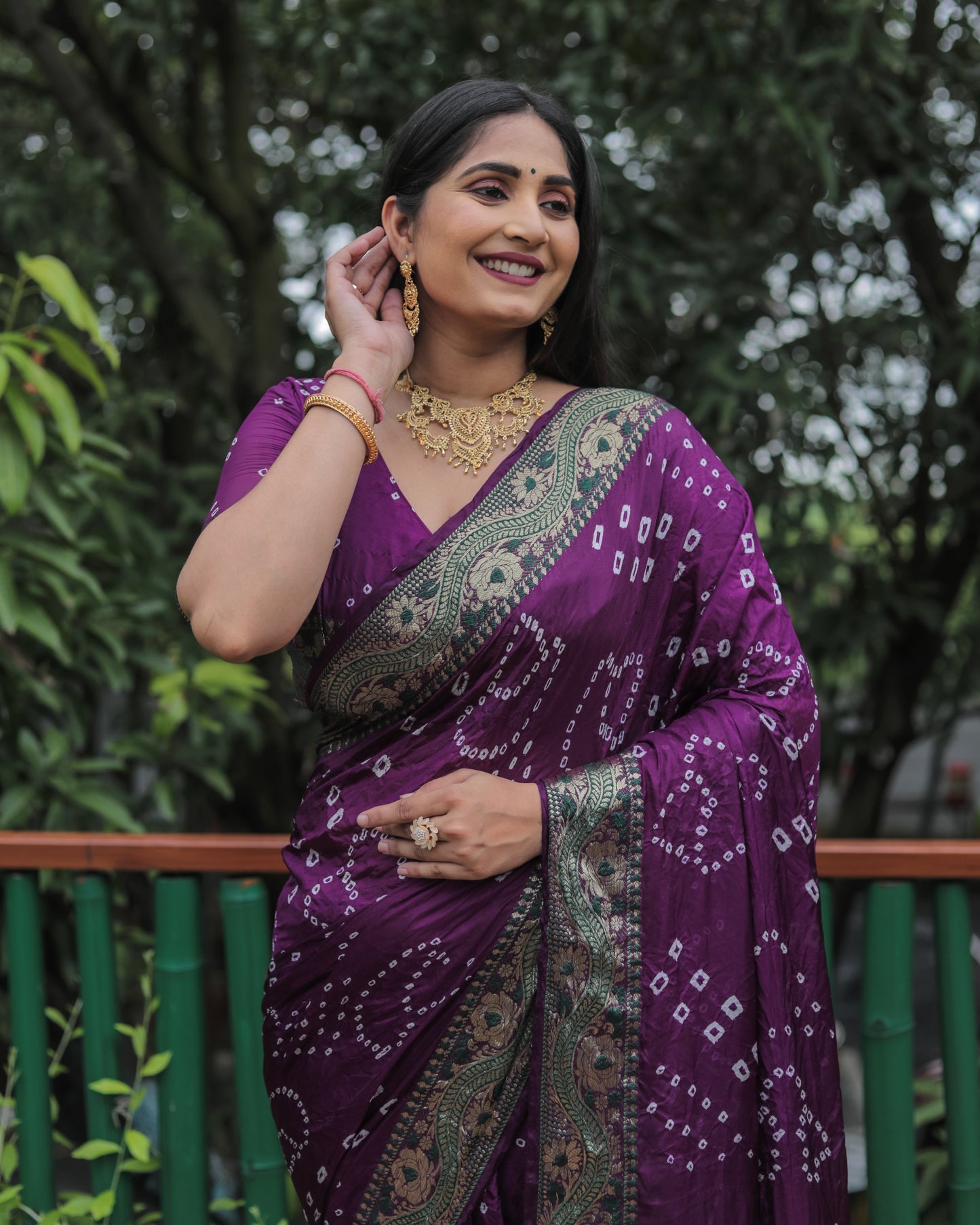 Trendy Bandhej Purple Color Soft Silk Saree