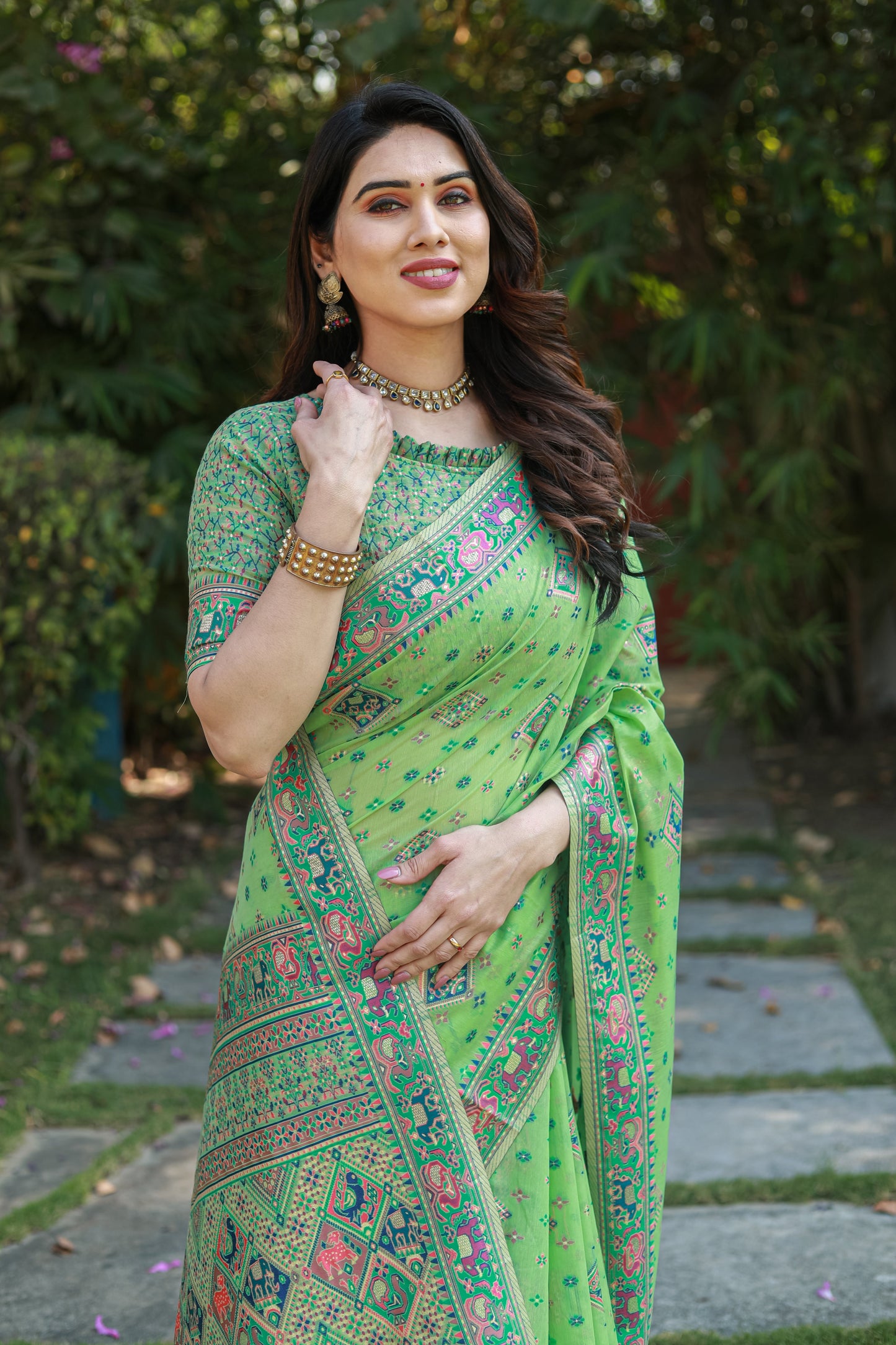 Designer Patola Print Work Soft Cotton Green Color Women Saree