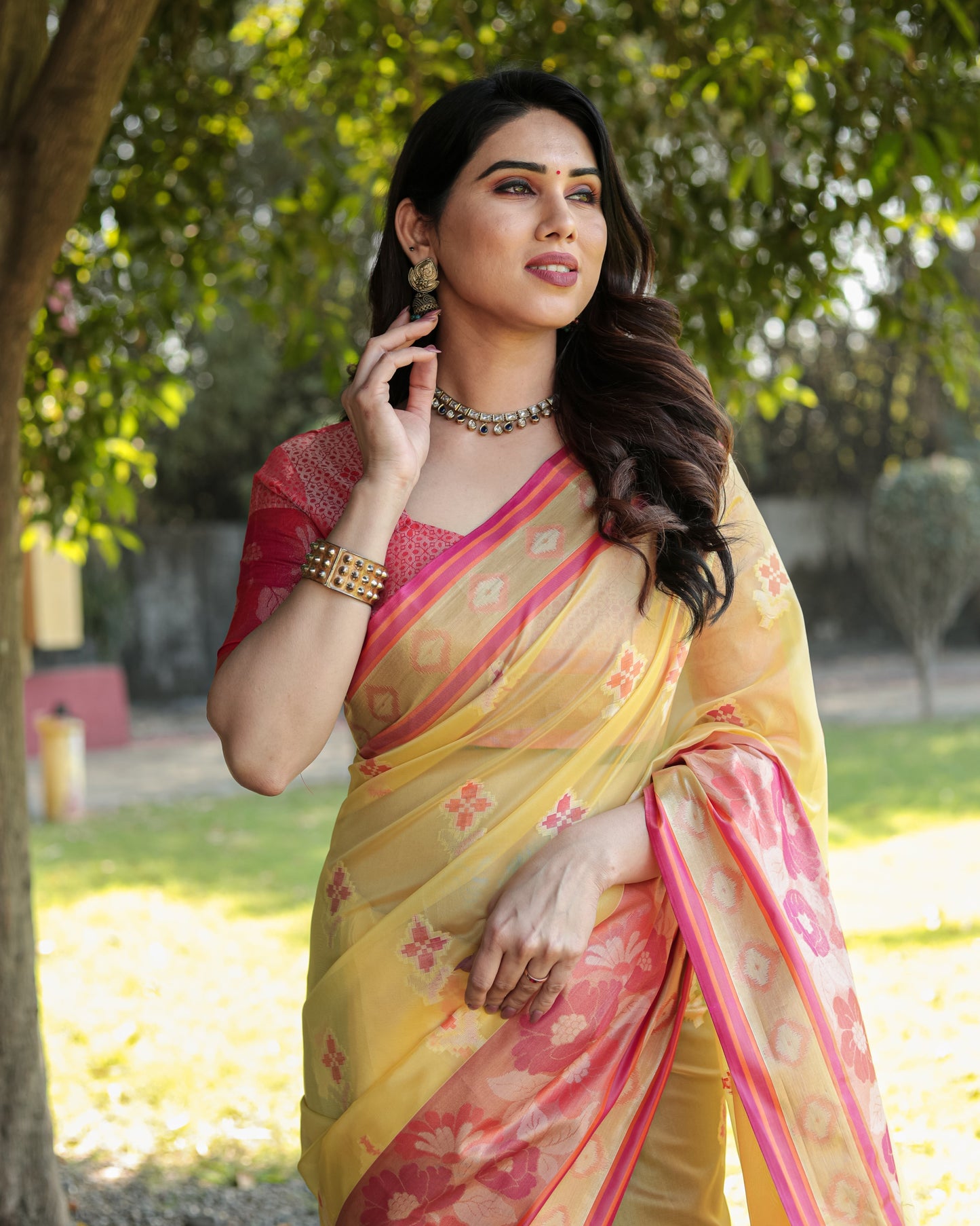 Trendy Organza Yellow Color Silk Sarees