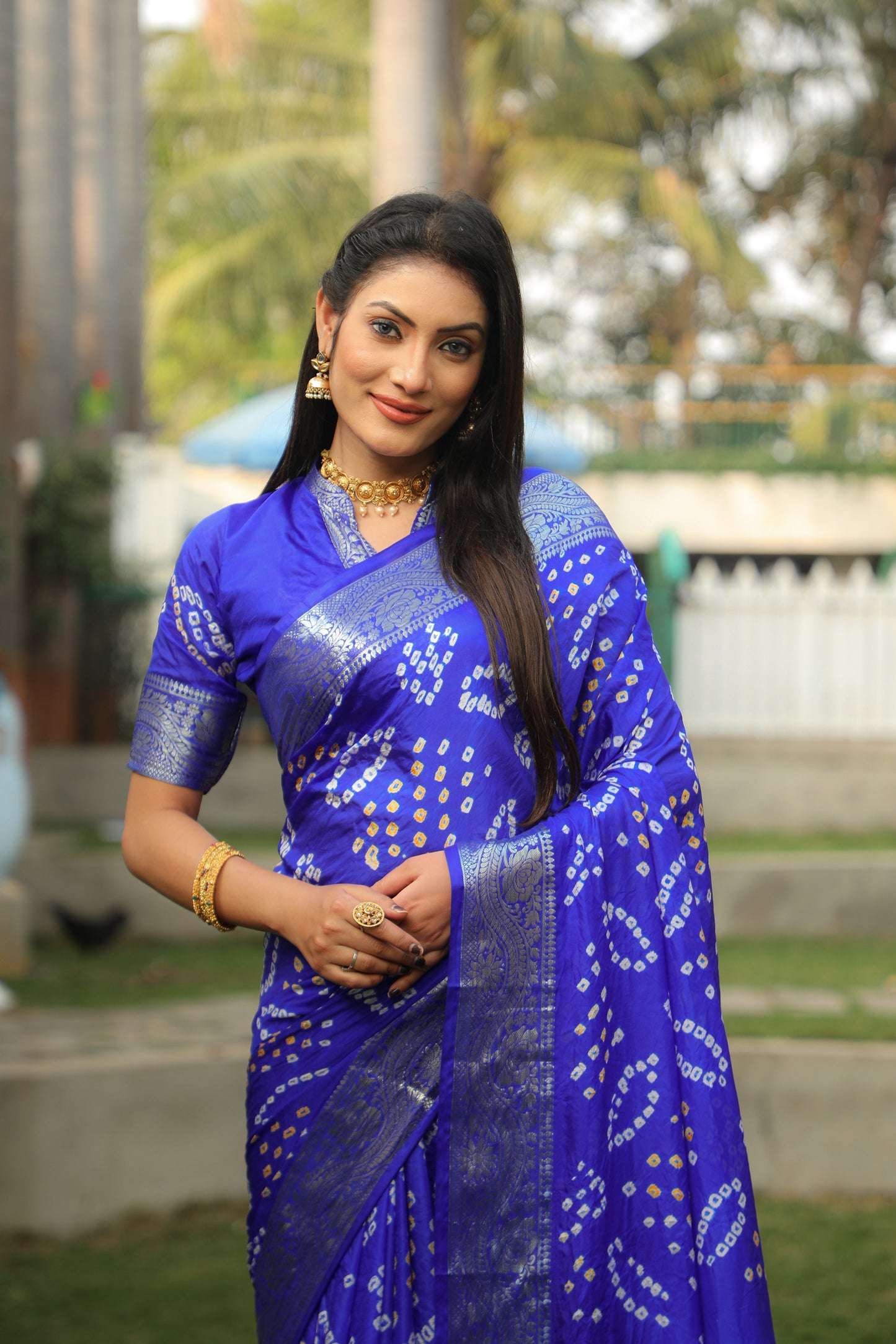 Blissful Kanjivaram Bandhej Blue Color Silk Saree