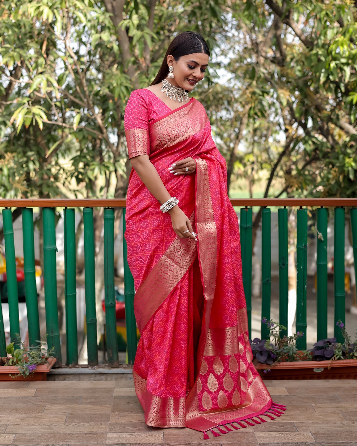 Embellished Silk Bandhej Pink  Color Patola Sarees