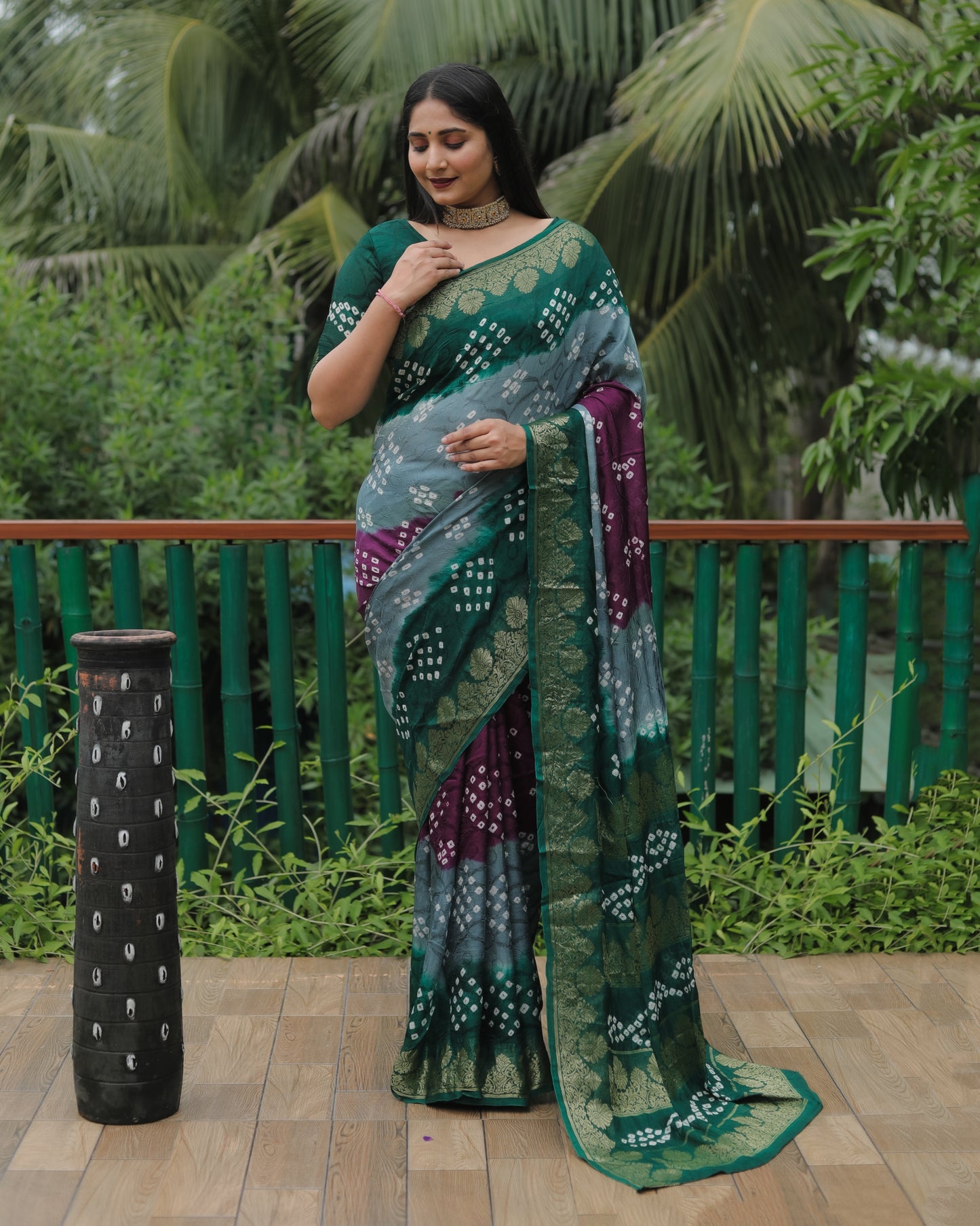 Outstanding Bandhej Grey Color Silk Saree