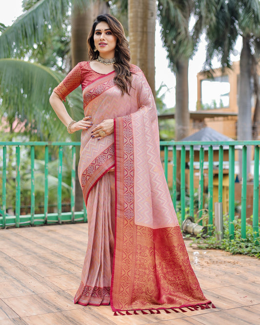 Imposing Kanjivaram Leheriya Pink Color Silk Saree