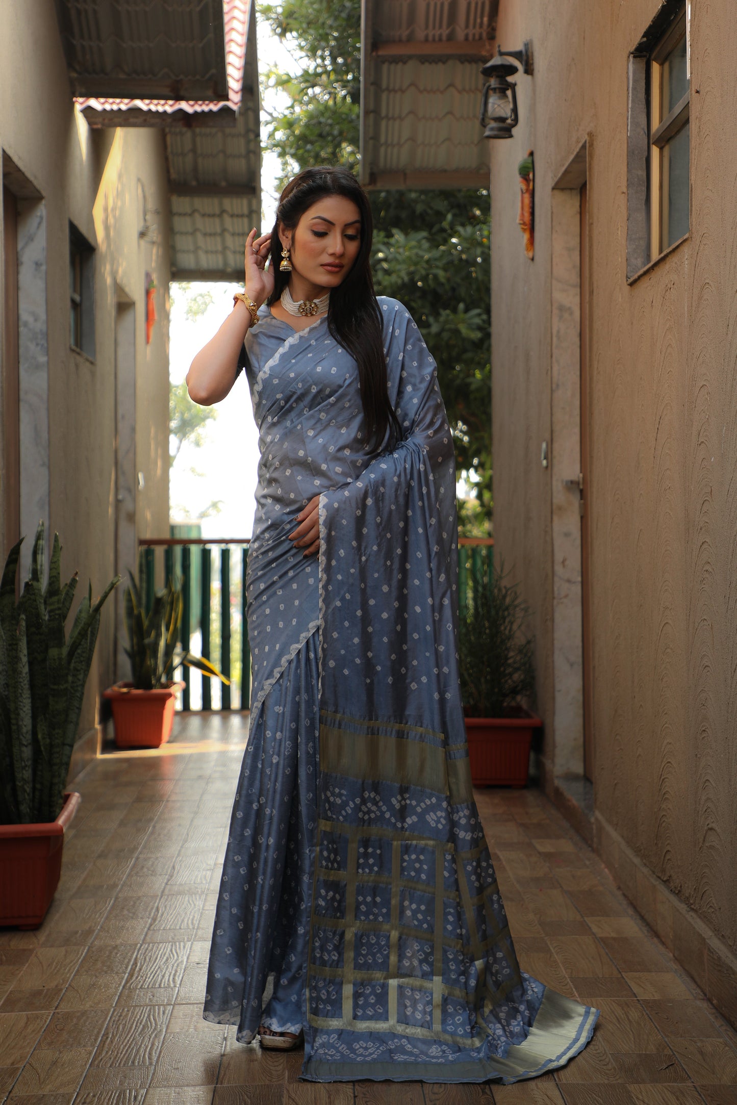 Luxuriant Bandhej Grey Color Silk Saree