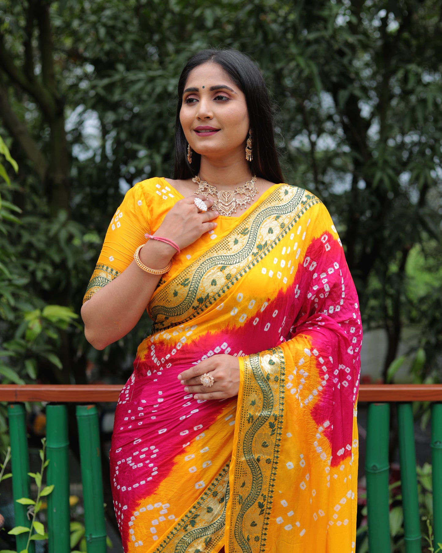 Imposing Bandhej Pink Color Soft Silk Saree