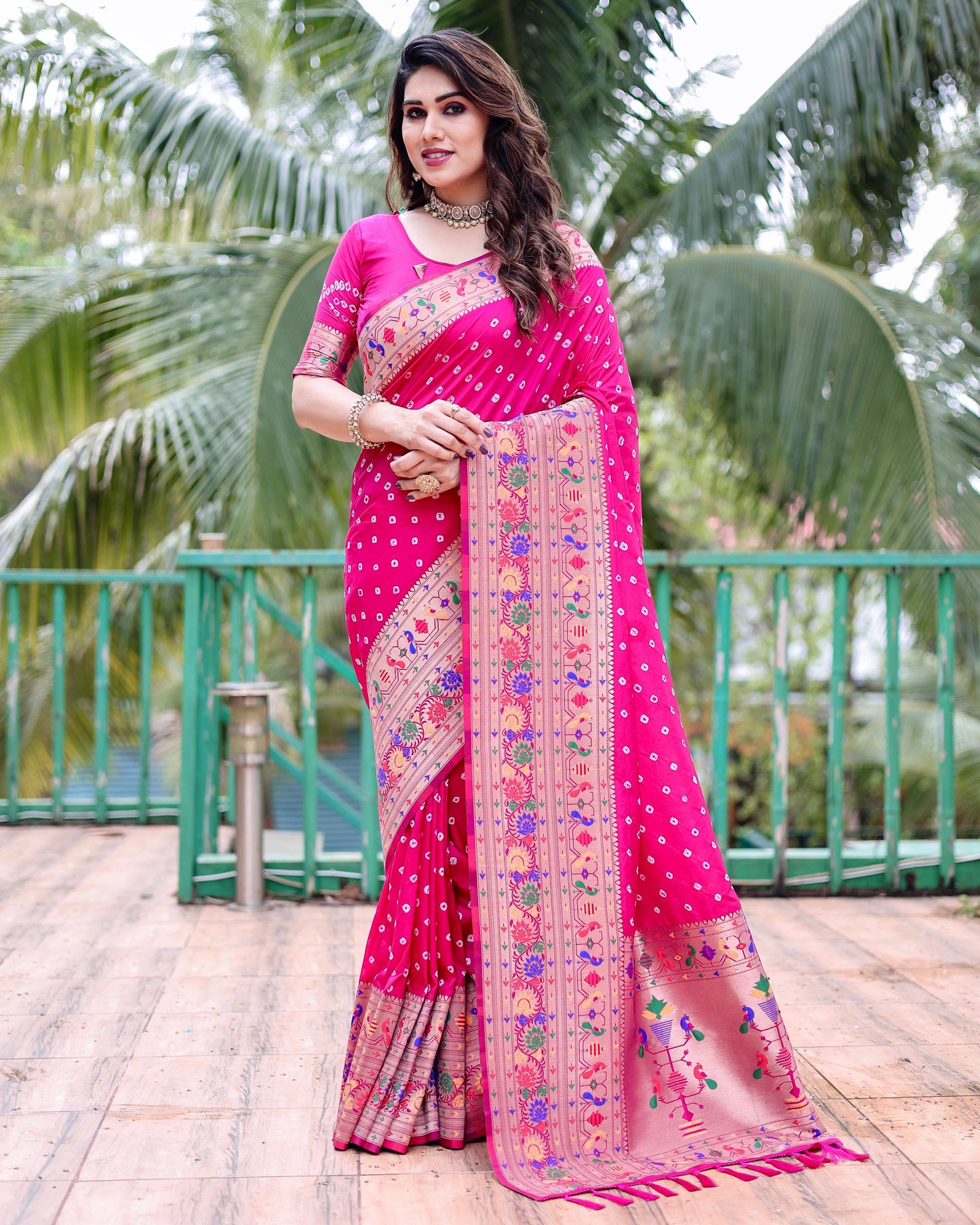 Glorious Paithani Bandhej Pink Color Silk Saree