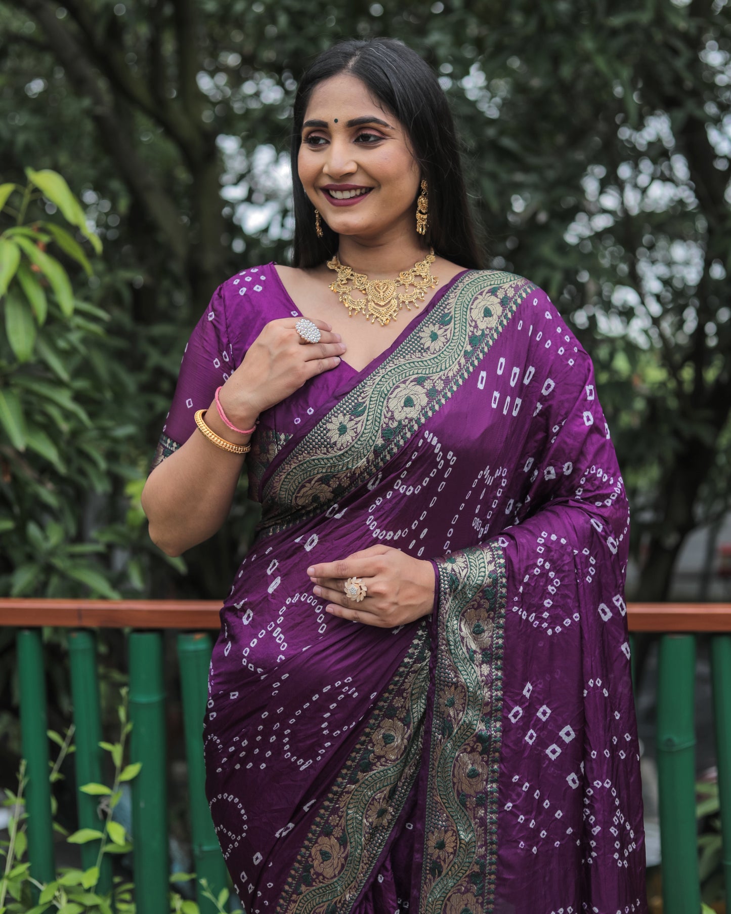 Trendy Bandhej Purple Color Soft Silk Saree