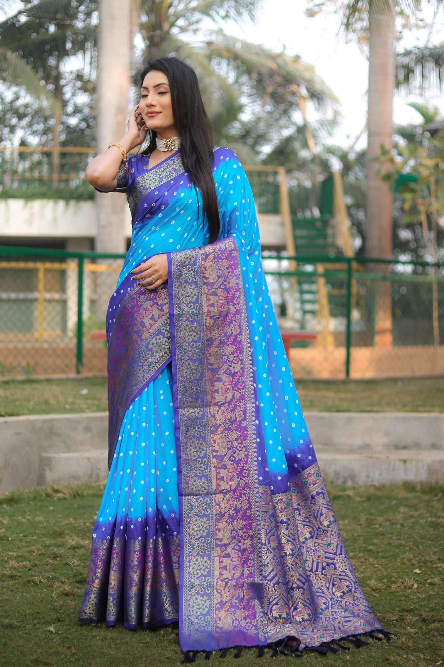 Fabulous Bandhej Kanjivaram Light Blue Color Silk Saree