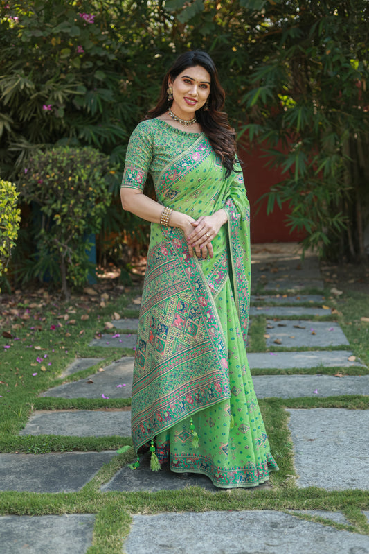 Designer Patola Print Work Soft Cotton Green Color Women Saree