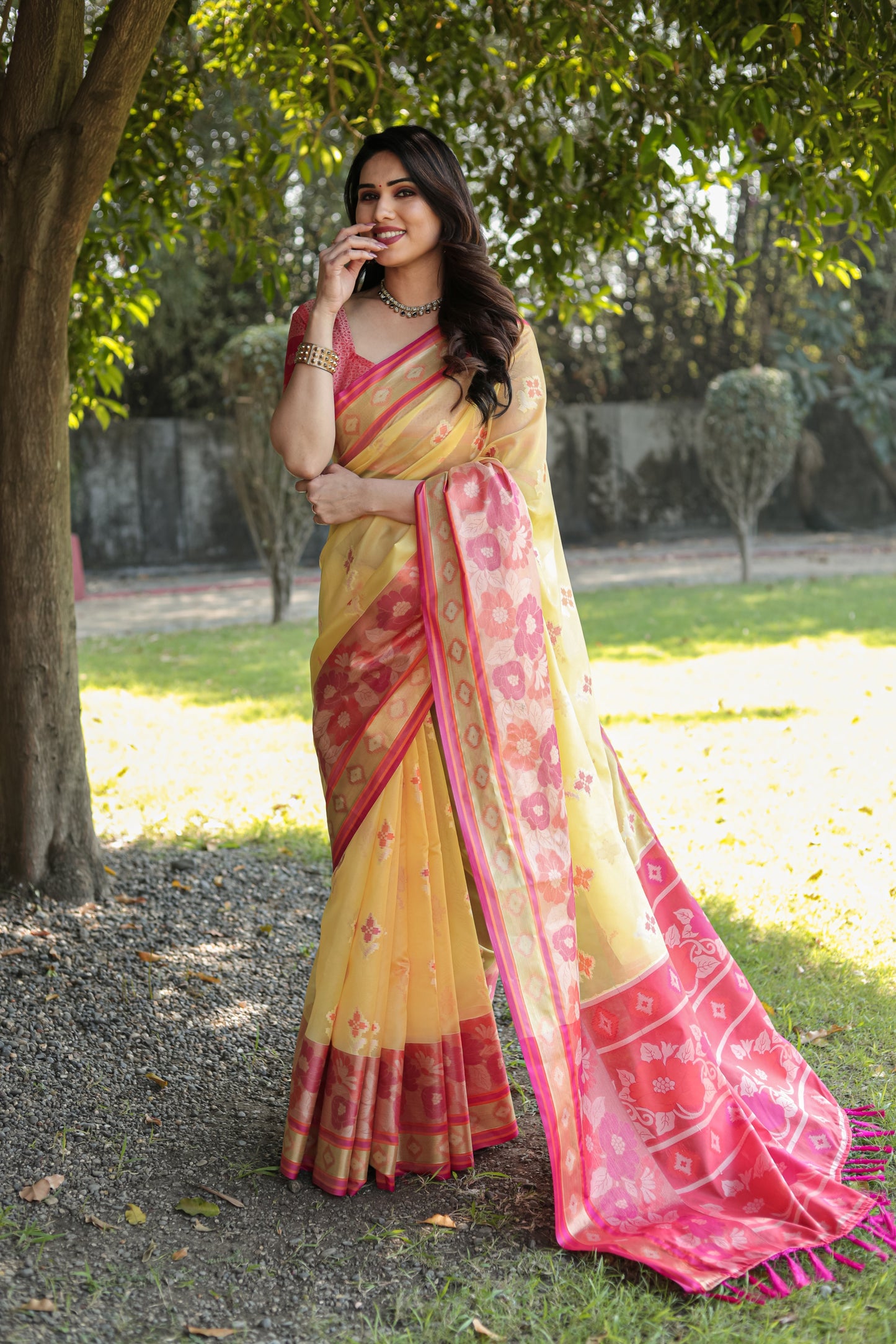 Trendy Organza Yellow Color Silk Sarees