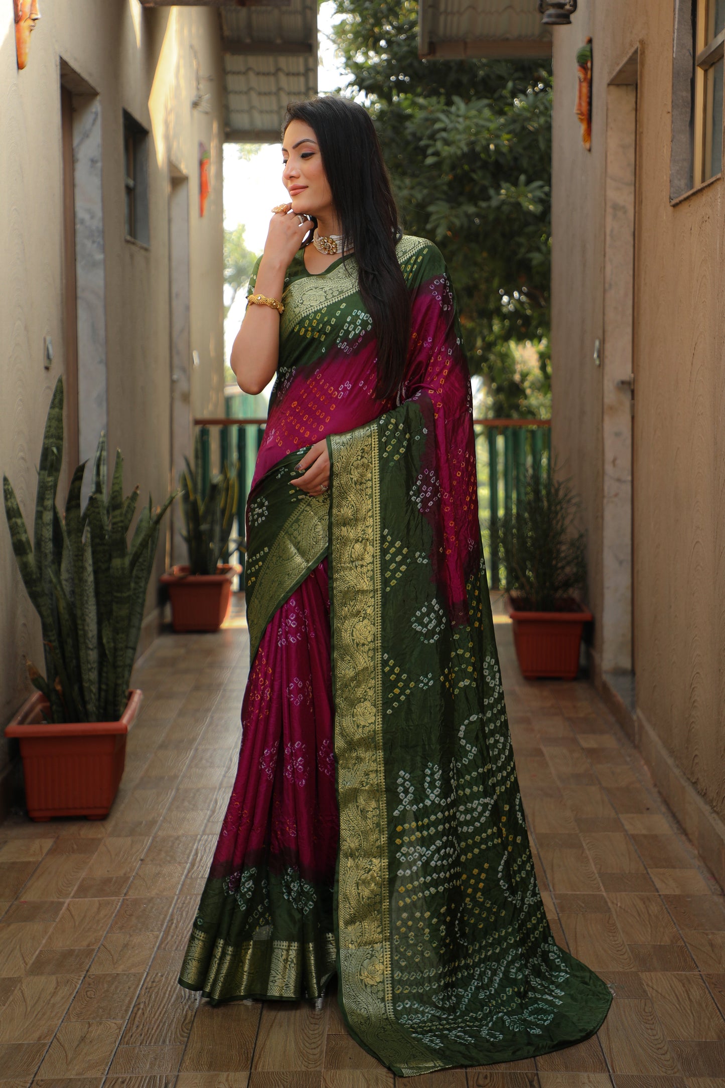 Glimmering Bandhej Rani Color Silk Sarees