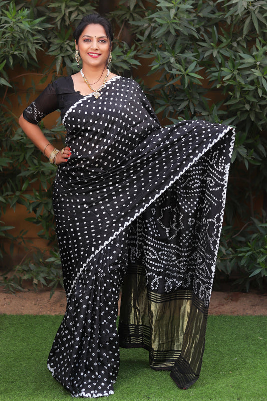 Glorious Bandhej Black Color Silk Saree