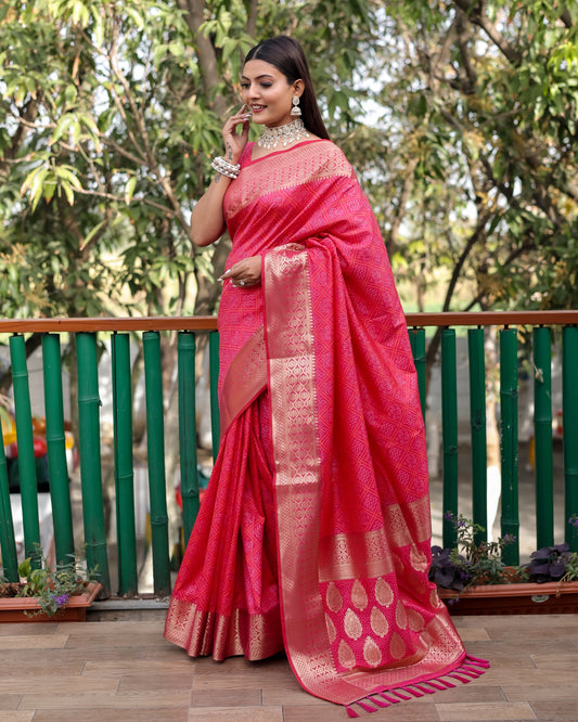 Embellished Silk Bandhej Pink  Color Patola Sarees