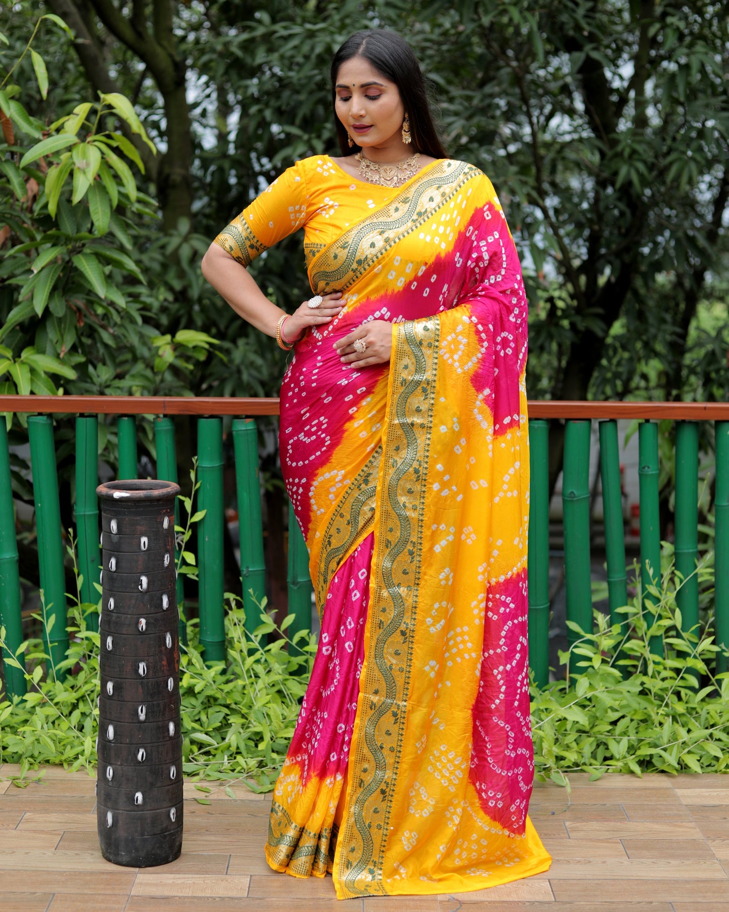 Imposing Bandhej Pink Color Soft Silk Saree