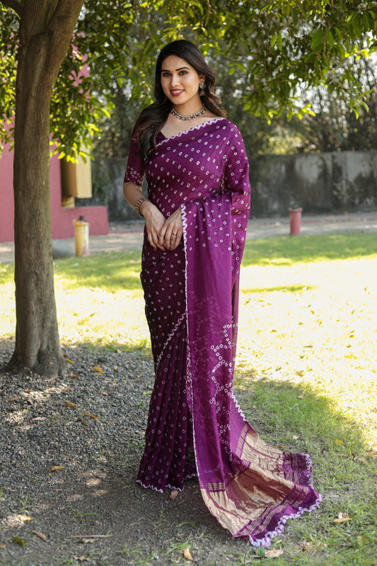 Gorgeous Pure Bandhej Purple Color  Silk Saree