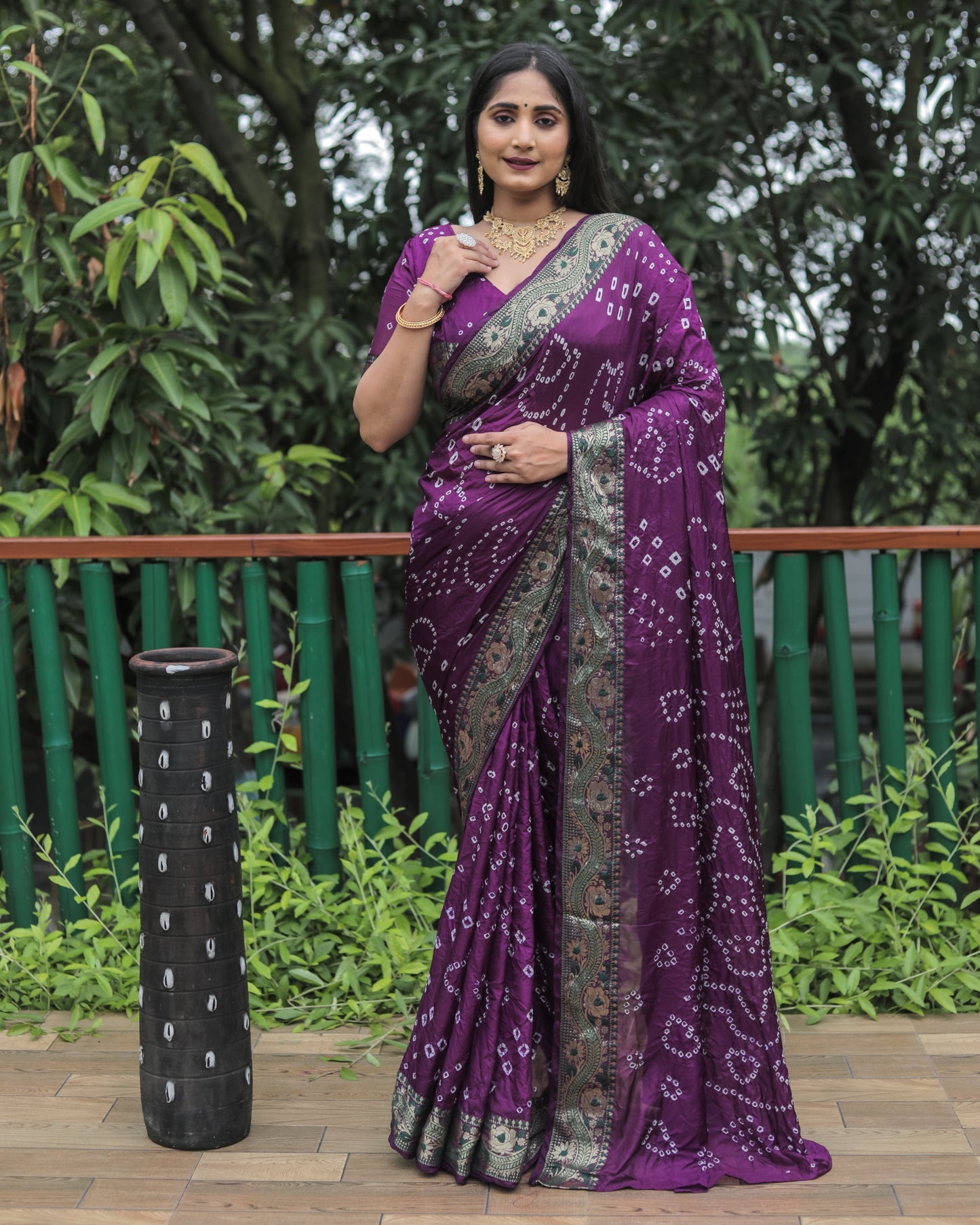 Trendy Bandhej Purple Color Soft Silk Saree