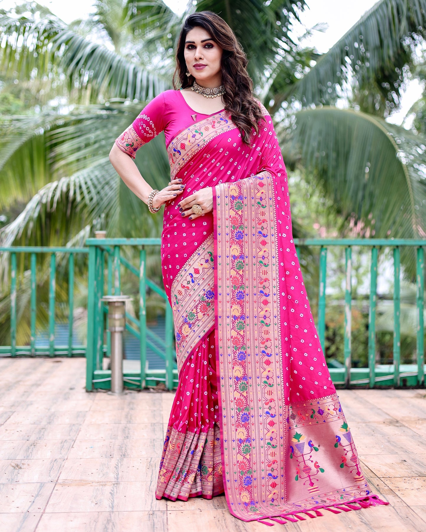 Glorious Paithani Bandhej Pink Color Silk Saree