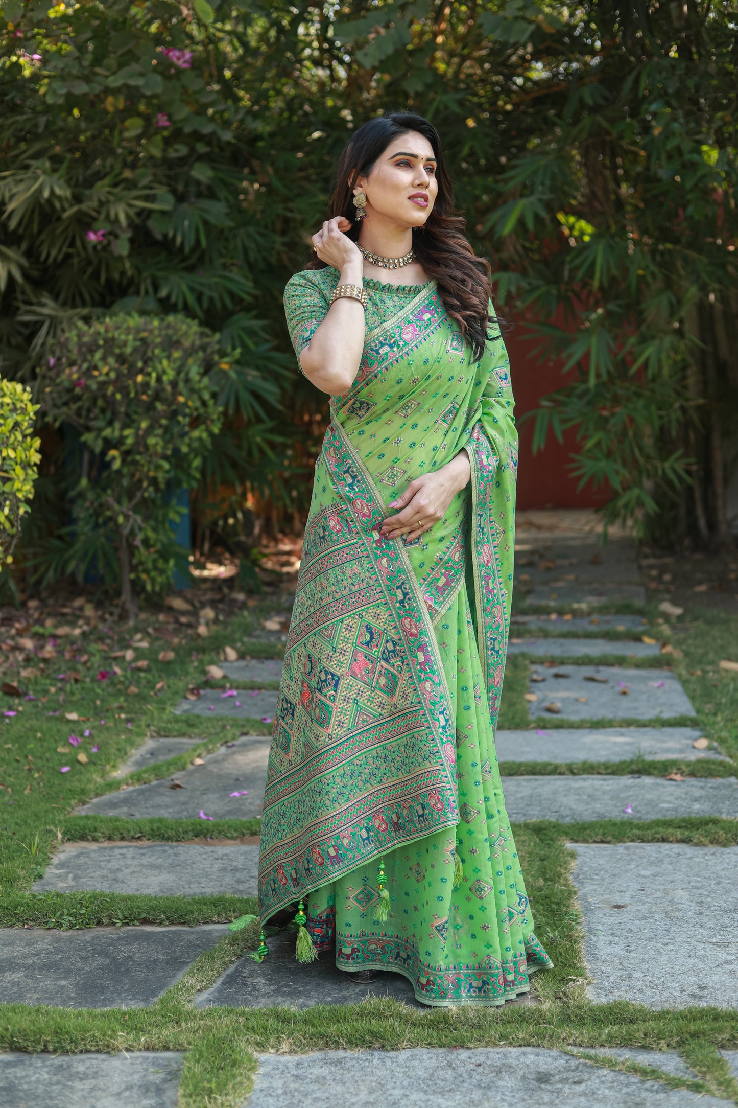 Designer Patola Print Work Soft Cotton Green Color Women Saree