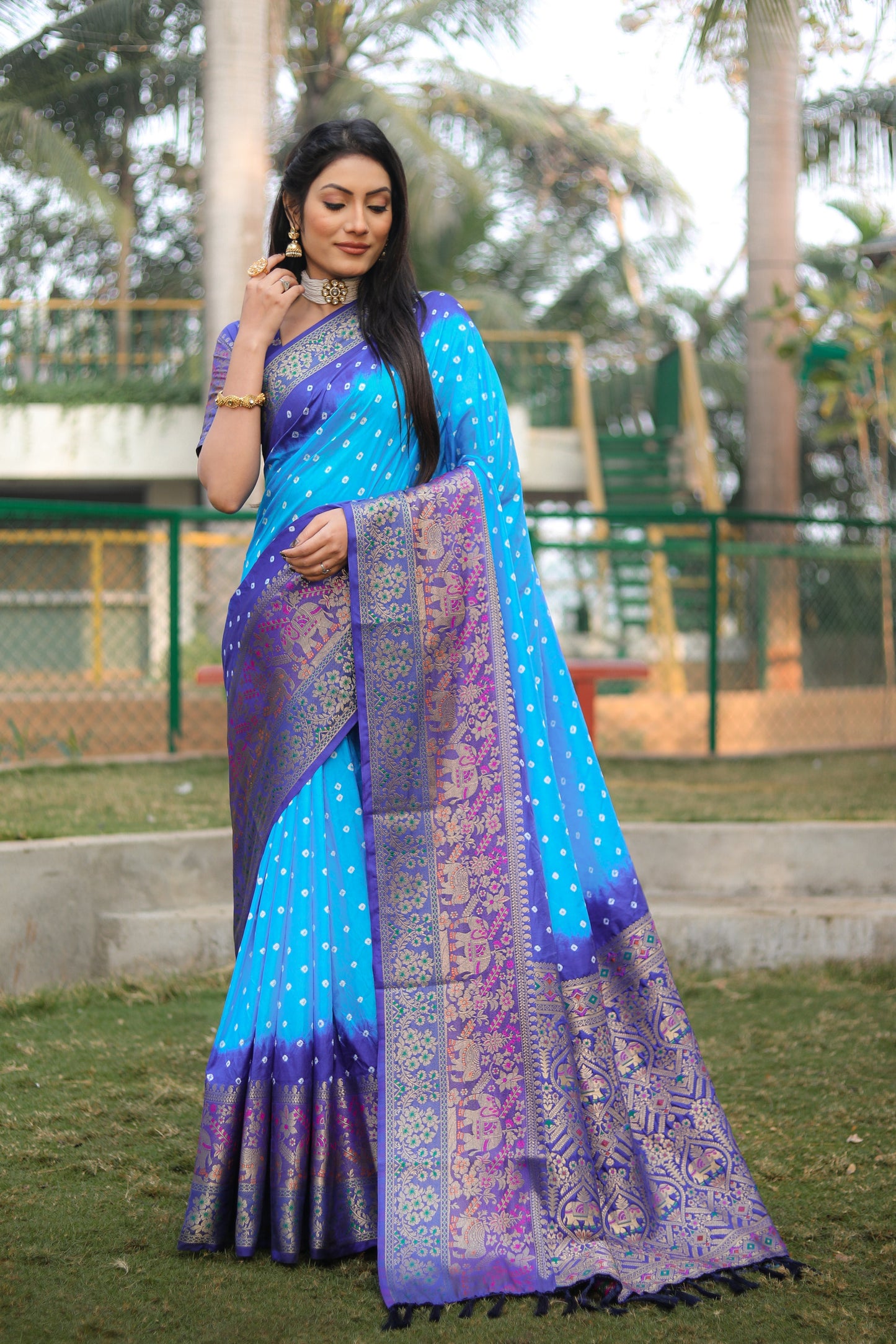 Fabulous Bandhej Kanjivaram Light Blue Color Silk Saree