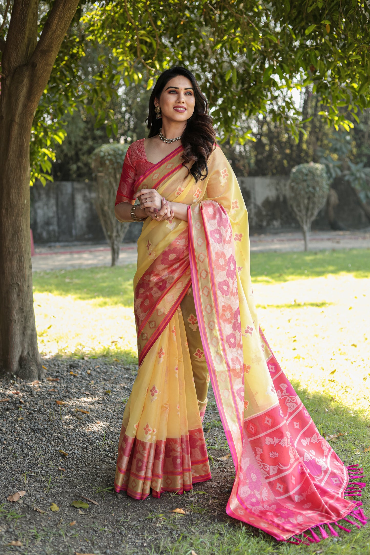 Trendy Organza Yellow Color Silk Sarees