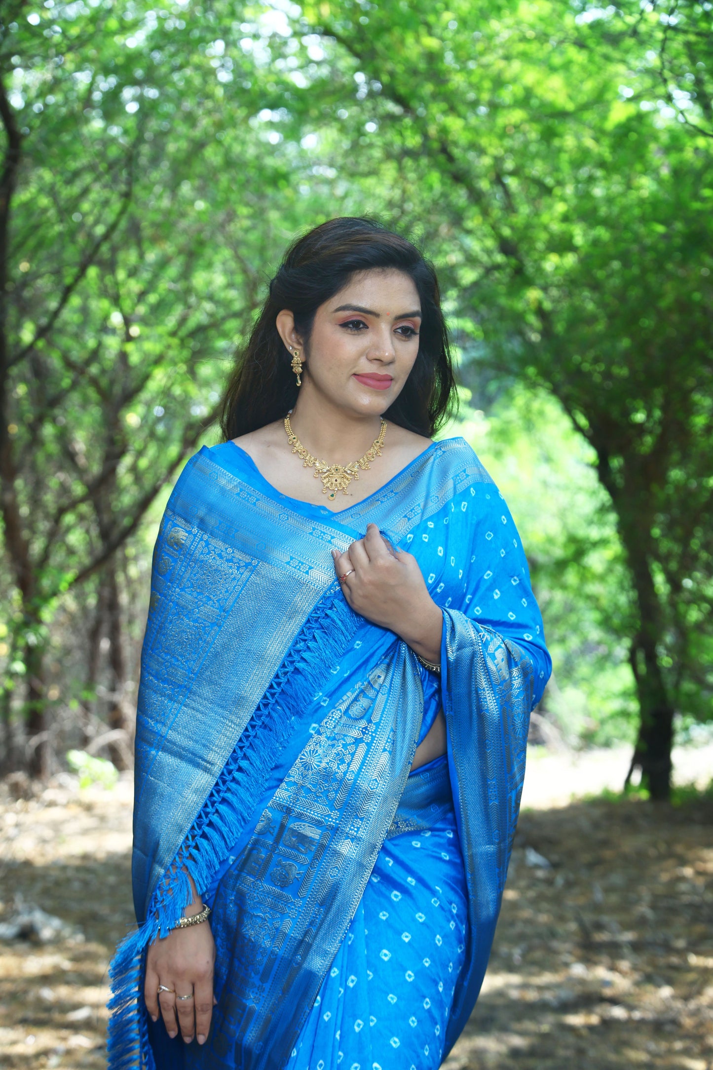 Precious Bandhej Kanjivaram Silk Blue Color Saree