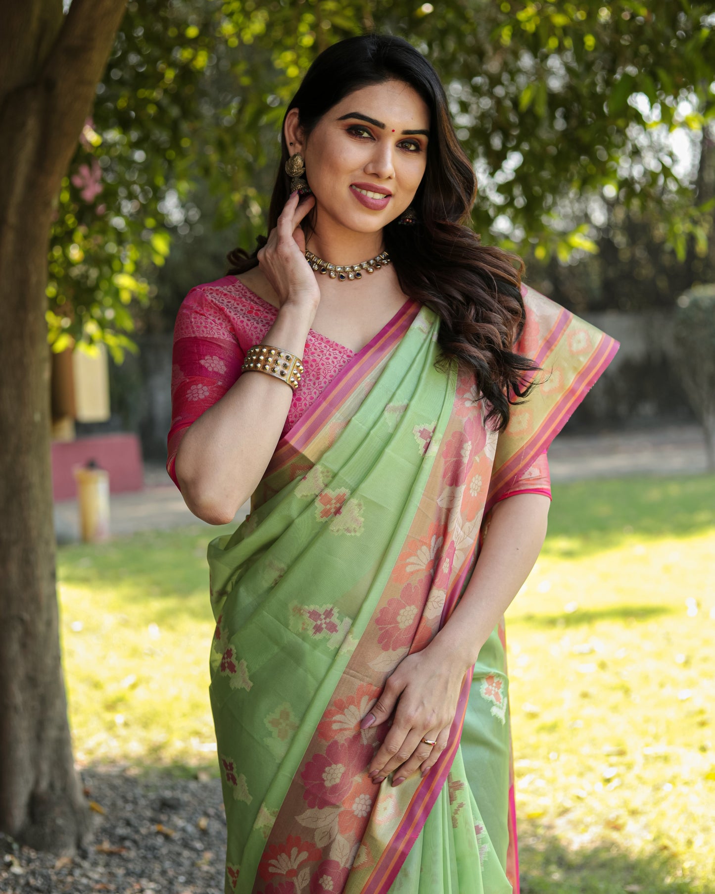 Trendy Organza Perrot Color Silk Sarees