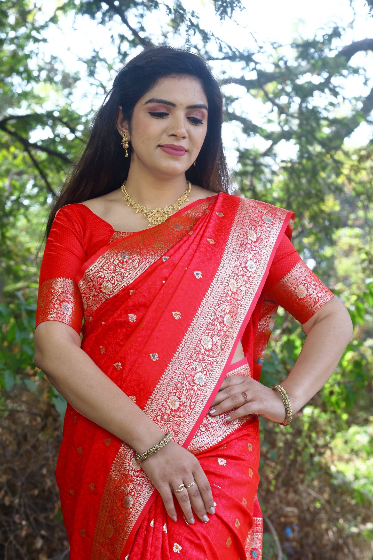 Beautiful Kanjivaram Soft Satin Red Silk Saree