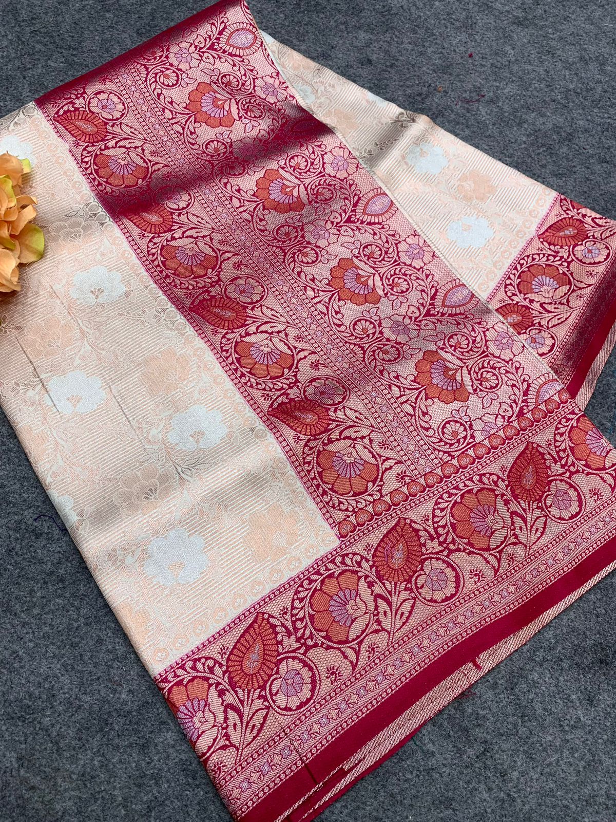 Gorgeous Kanjivaram Red & Cream Color Saree Silk Sarees