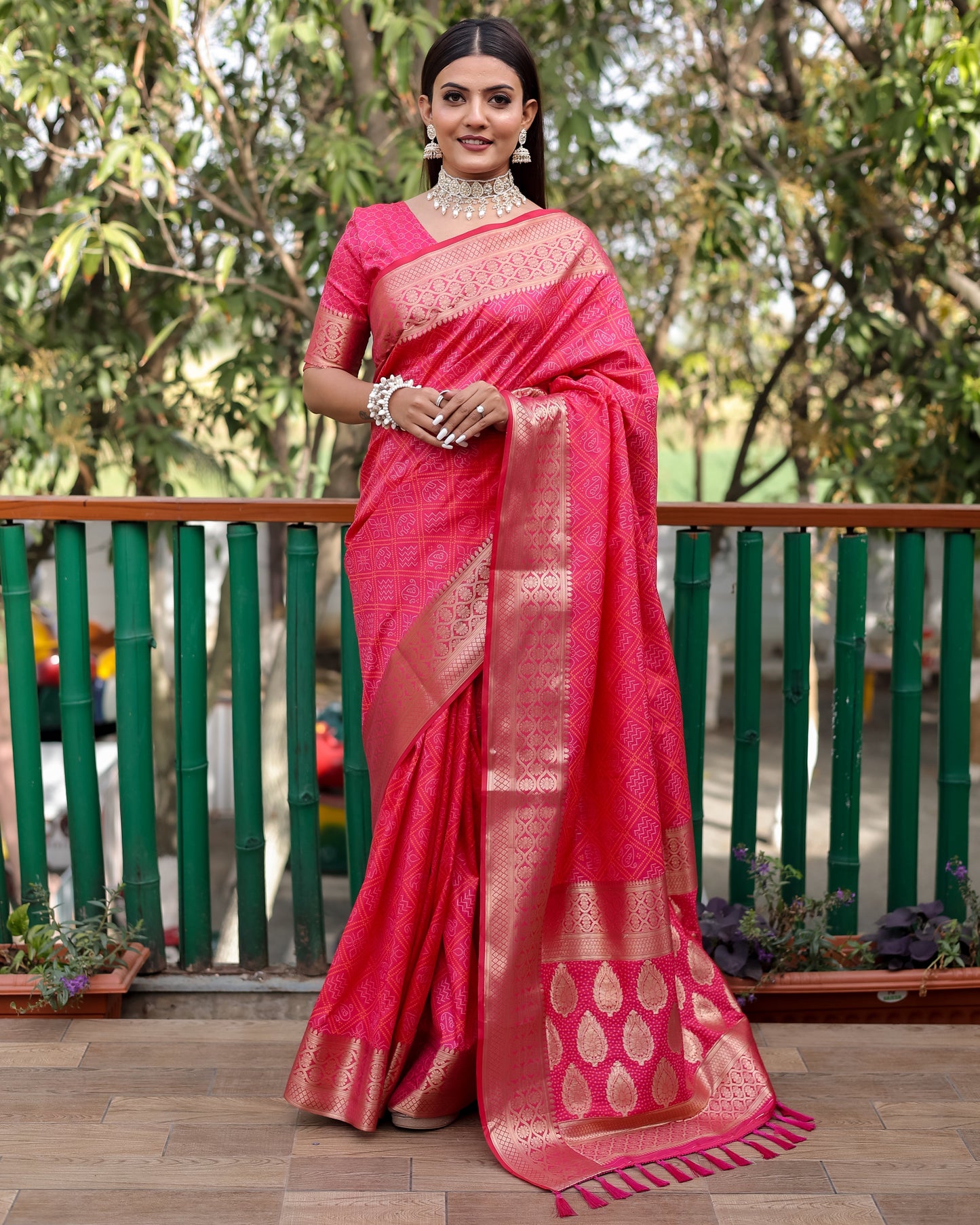 Embellished Silk Bandhej Pink  Color Patola Sarees