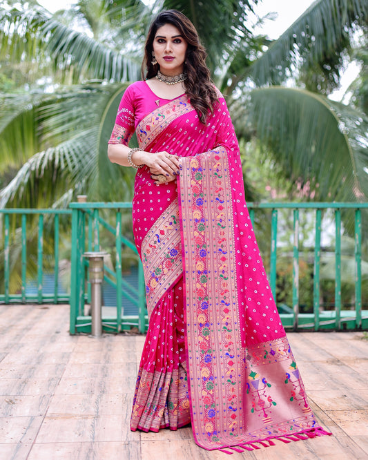 Glorious Paithani Bandhej Pink Color Silk Saree