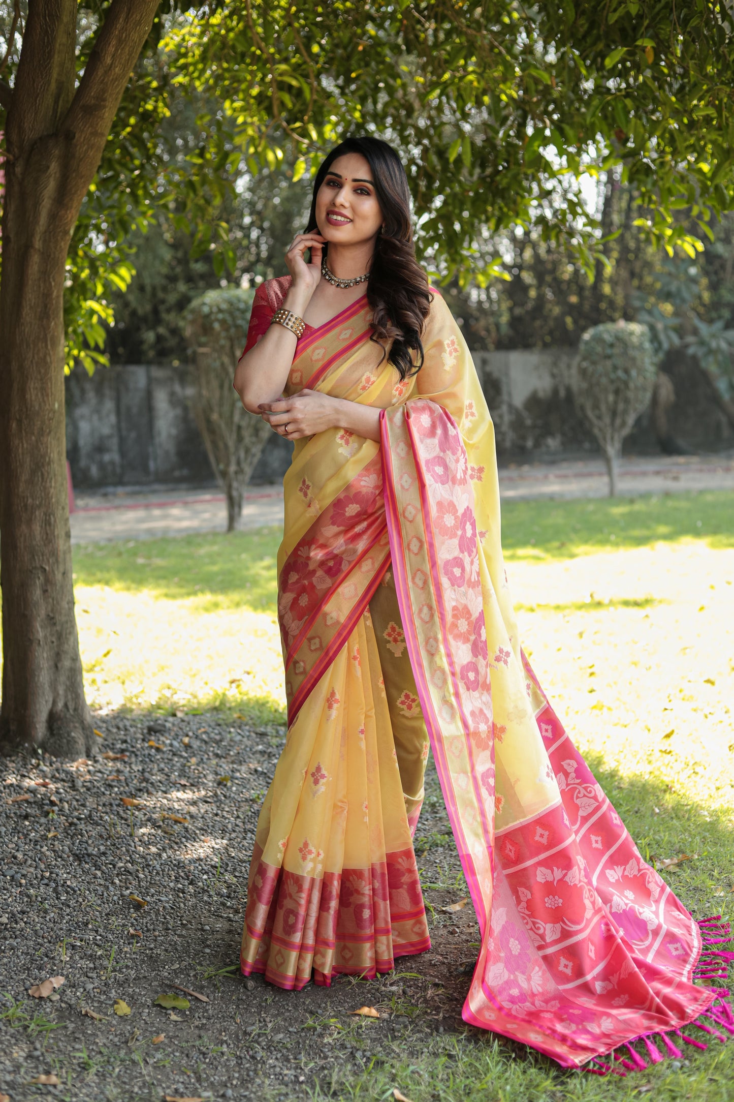 Trendy Organza Yellow Color Silk Sarees