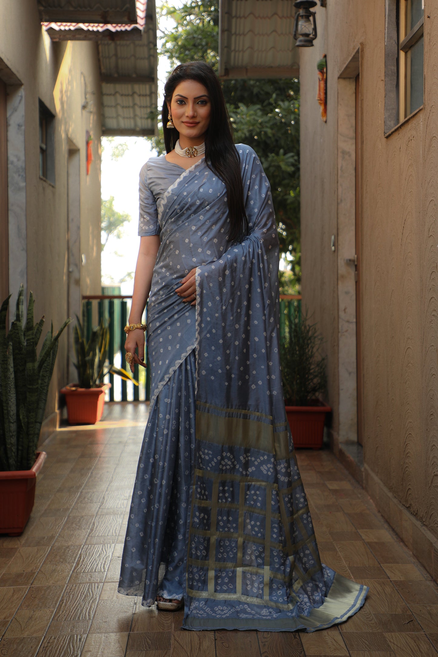 Luxuriant Bandhej Grey Color Silk Saree