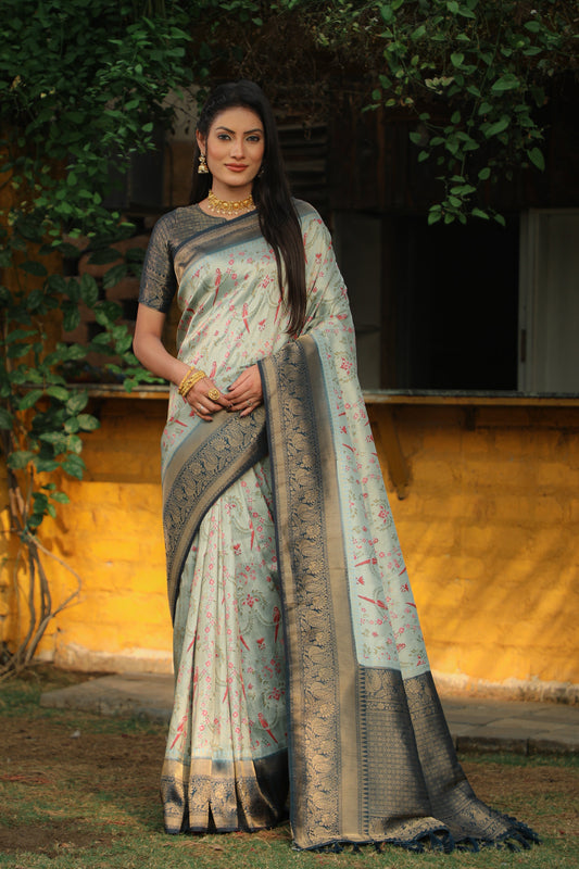 Glossy Kanjivaram Light Grey Color Soft Silk Saree