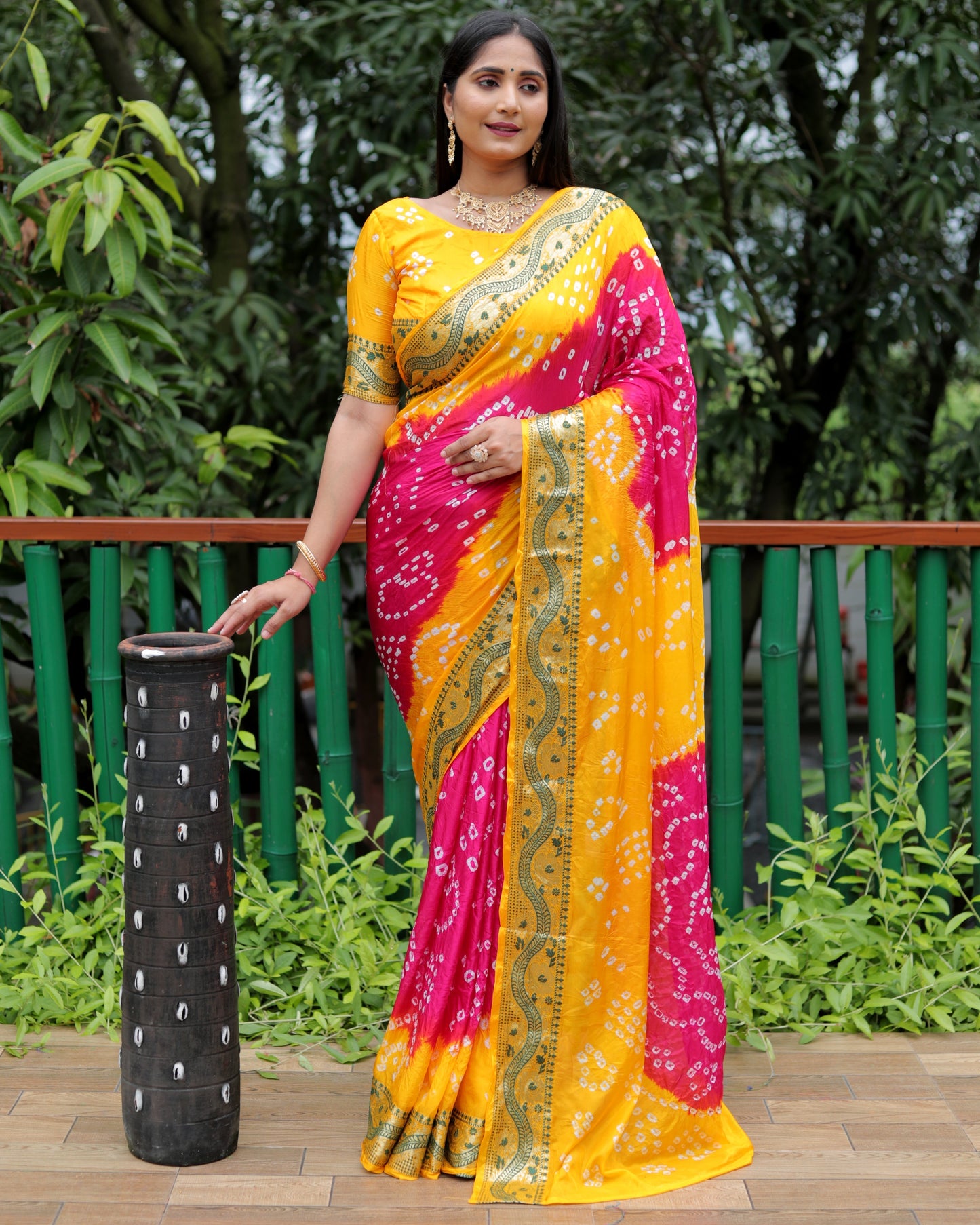 Imposing Bandhej Pink Color Soft Silk Saree