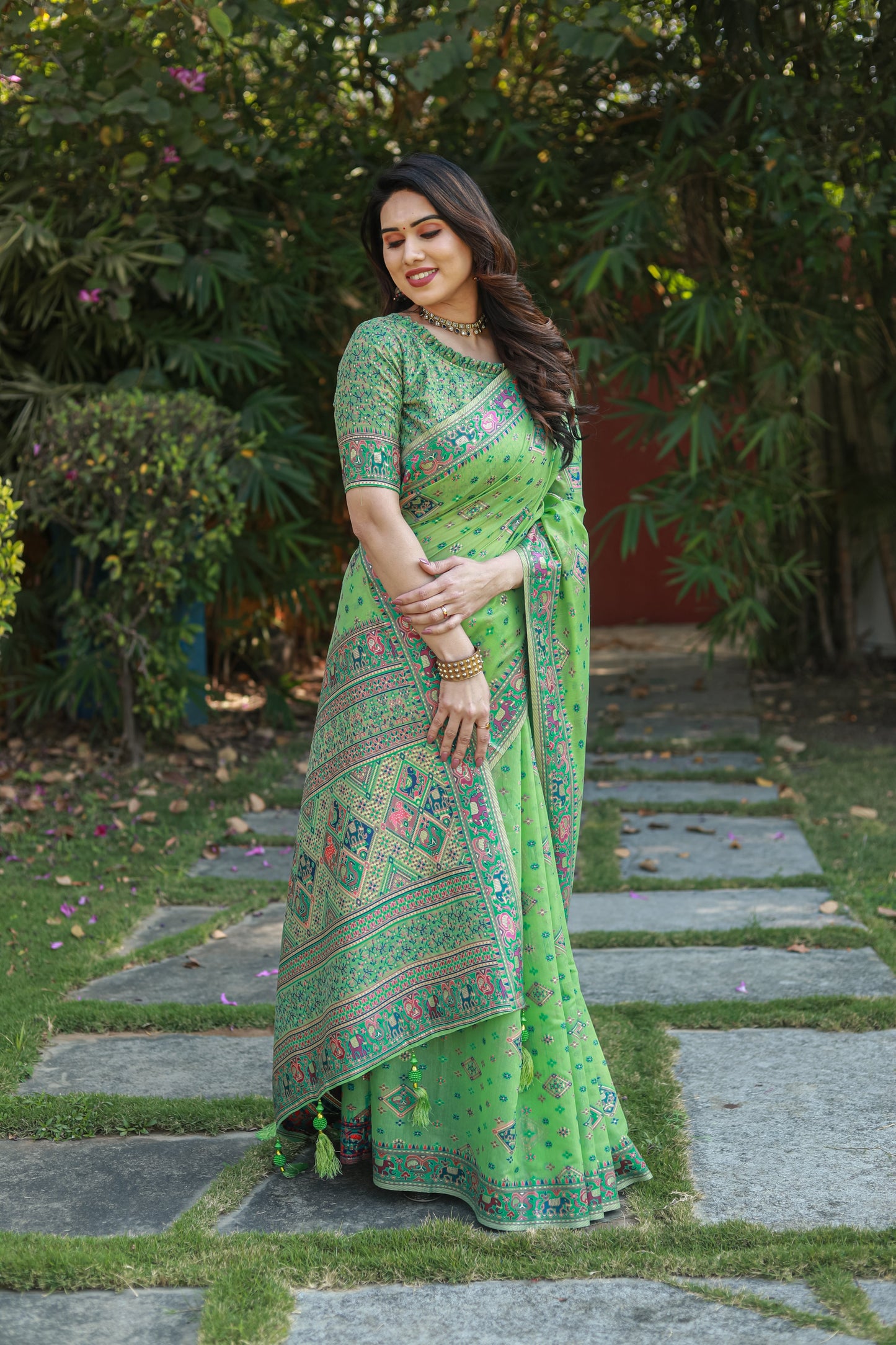 Designer Patola Print Work Soft Cotton Green Color Women Saree