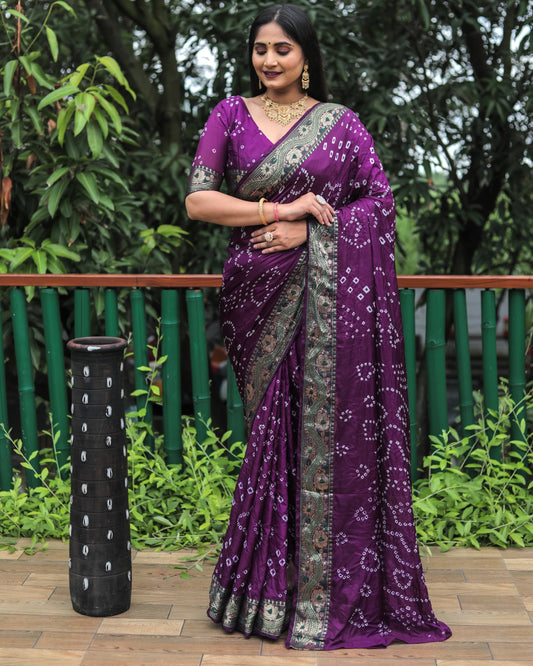 Trendy Bandhej Purple Color Soft Silk Saree