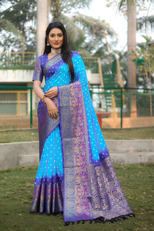 Fabulous Bandhej Kanjivaram Light Blue Color Silk Saree