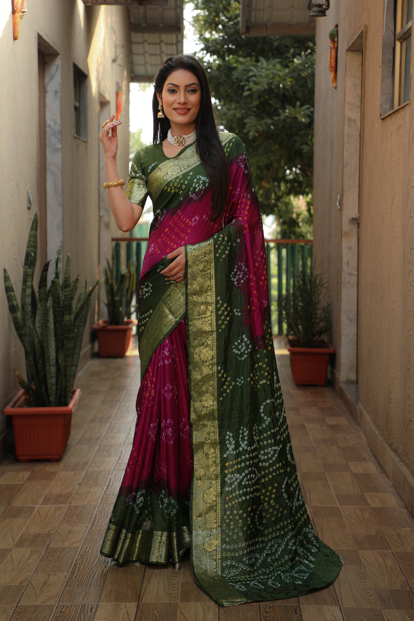 Glimmering Bandhej Rani Color Silk Sarees