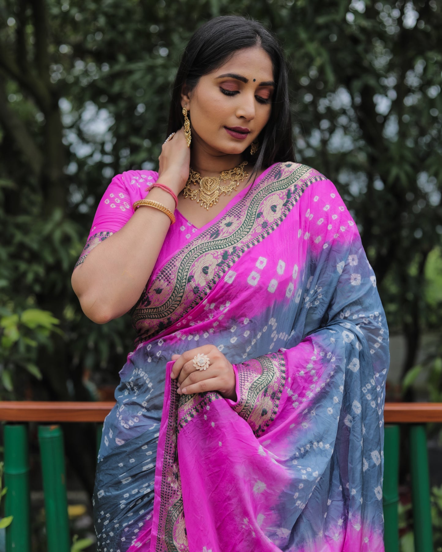 Imposing Bandhej Grey Color Soft Silk Saree